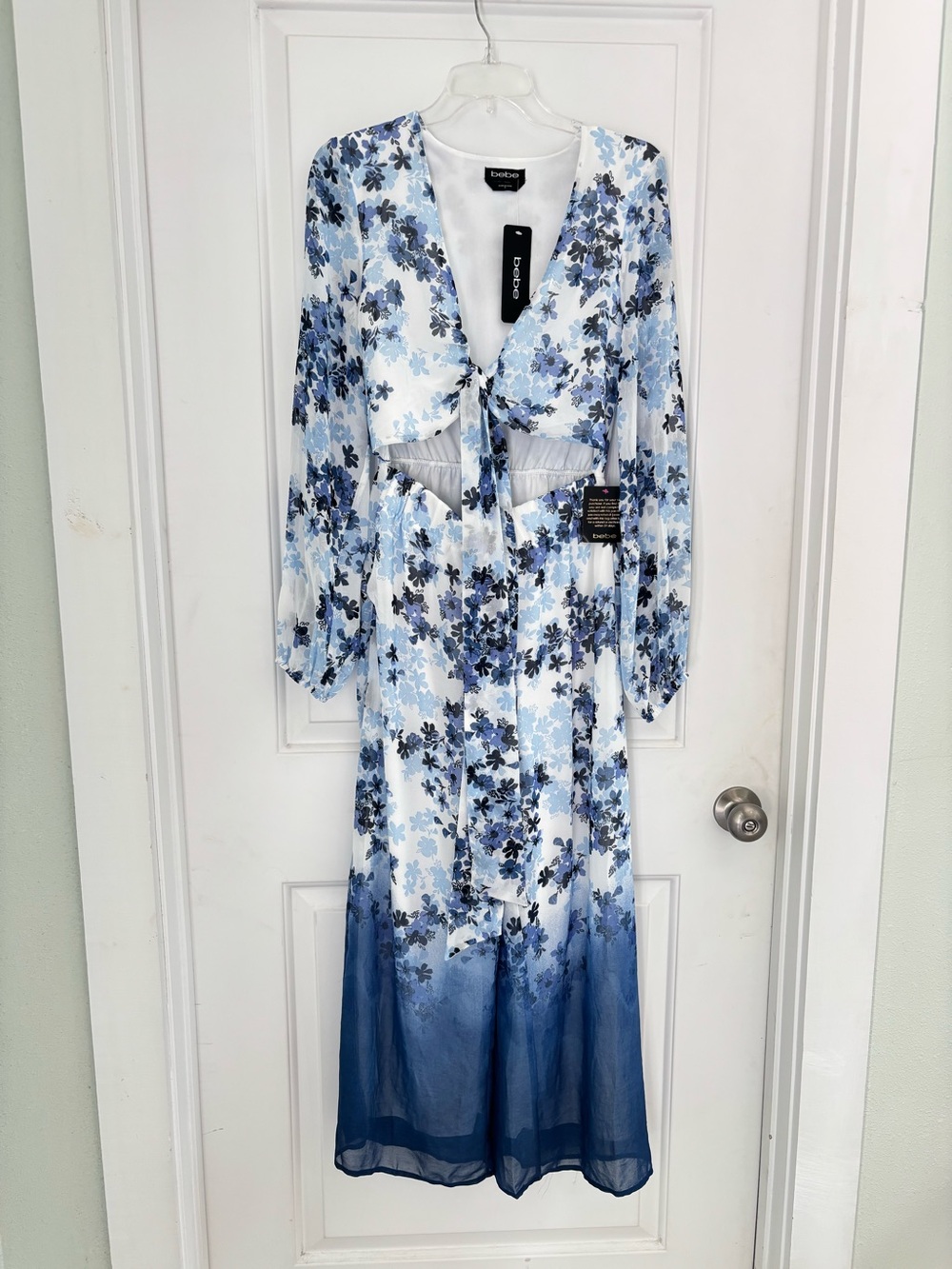 NWT bebe White and Blue Floral Jumpsuit Tie Front Elastic Waist